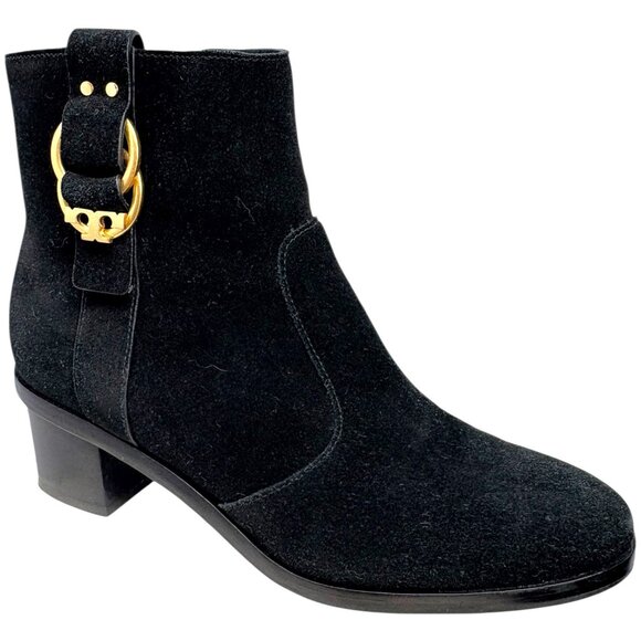 Tory Burch Marsden Black Suede Heeled Ankle Boots - Picture 1 of 12